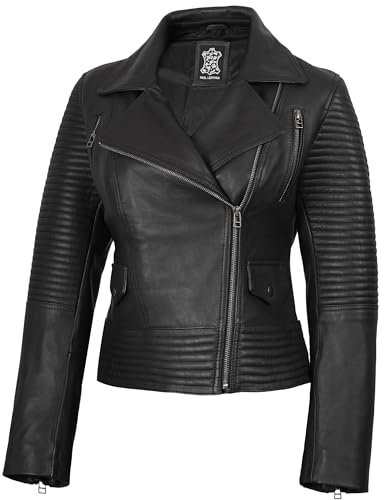 fjackets Damen Assymetrische Jacke - Echtes Lammfell Damen Leder Reitjacke, G-gdot Schwarz, S