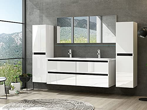 Badmöbel Set Hochglanz mit Schubladen Glas ablage (Dennis Weiss, 120 cm Doppelbecken 1x Hochschrank)