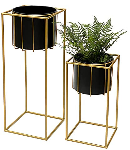 DanDiBo Blumenhocker mit Topf Metall Gold Schwarz Eckig 2er Set Blumenständer 96035 Blumensäule Modern Pflanzenständer Pflanzenhocker