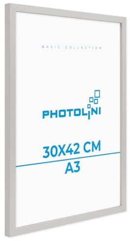PHOTOLINI Bilderrahmen A3 Holz MDF Silber, A3 Bilderrahmen 30x42 Holz MDF, DIN A 3 Rahmen mit Acrylglas, Picture Frame 42x30 zum Aufhängen, Rahmen 42 x 30 mit Zubehör für DINA3 Fotos & Poster