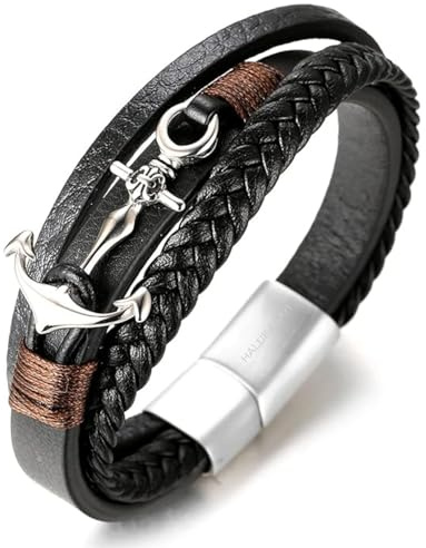 Halukakah Kinder ● Segel Junior ● Jungs Echtleder Handgefertigter Zopf Anker Armband 13-16 Jahre Alt. Titan Matt Magnetverschluss Größe Einstellbar 18-19.5cm mit Gratis Geschenkbox