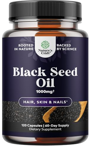 Cold Pressed Black Seed Oil Capsules - Vegan Nigella Sativa Black Cumin Seed Oil Capsules with Omega 3 6 9 Antioxidants and Thymoquinone for Hair Growth Immune Support Joint Health and Digestion 120ct