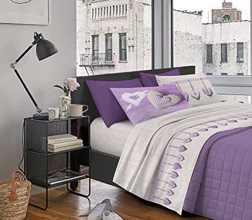 Il Gruppone Passione Casa Completo Letto Stampato Made in Italy 100% Cotone Set Lenzuolo sopra sotto Federe - Cuori Lilla - Una Piazza e Mezza