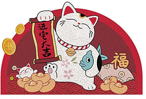 YEARLY Halbkreis-Glückskatzen-Fußmatte,Anti-Rutsch-Karikatur-Willkommensmatte im japanischen Stil rote Fußmatten für den Innen-Außenbereich für Patio japanischen Lebensmittelgeschäfts