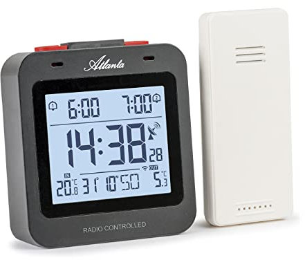 Atlanta 1888-7 Réveil Radio-piloté avec éclairage LCD et 2 alarmes Noir