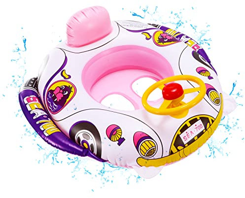 Flotador Bebé con Asiento, Anillo de Natación con Plegable Volante de Coche Piscina Flotador Inflable para Niños Flotador de Natación Barca Niños Hinchable Nadar Entrenador Juguetes de Piscina,Rosa