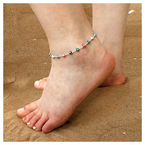 Böser Blick Fußkettchen Armband Boho Mehrfarbig Türkisches Auge Fußkettchen Blau Auge Sommer Fußkette Schmuck für Frauen Mädchen (Silber)