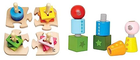 Hape Kreatives Steckpuzzle von Hape | Holz Stapelspiel Problemlösungspuzzle für Kleinkinder, Stapelspiel mit verschiedenen Formen, Feste Stäbe und helle Farben & E0416 - Schraubklötze
