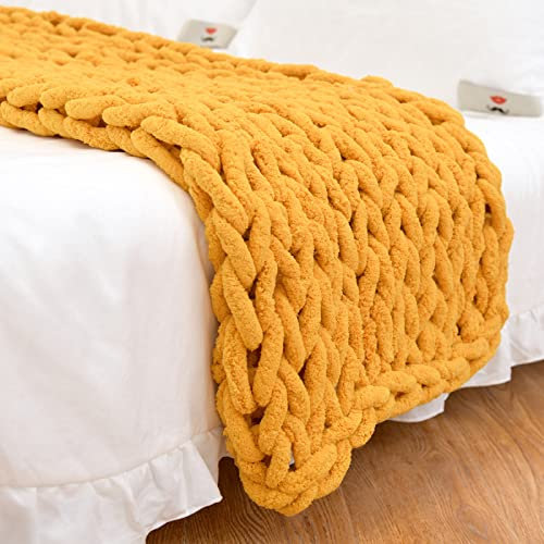 Chunky Knit Blanket Throw 40*60, Hand Knitted Warm Chenille Throw Blanket, Home Decor Soft Thick Yarn Cable Knit Blanket,Soft Breathable Fleece Banket Christmas for Couch Bed Sofa Best Gift (Yellow)