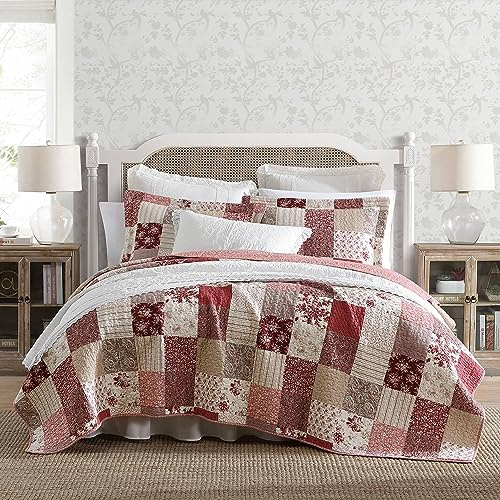 Laura Ashley - Full/Queen Quilt Set, Reversible Cotton Bedding with Matching Shams, Patchwork Inspired Home Decor (Celina Patchwork Red, Full/Queen)