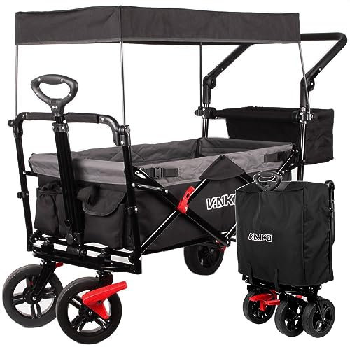 Bollerwagen Faltbar Handwagen Klappbar Gartenwagen mit Dach Transportwagen Gurte (Schwarz)