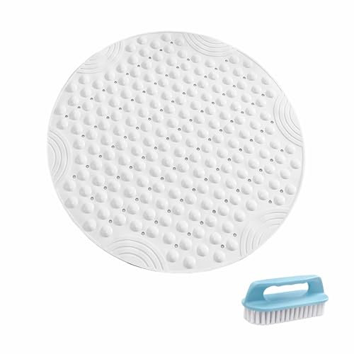 HSNAXingLife Tapis de Salle de Bain antidérapant, Tapis de Douche, Tapis de Bain, antidérapant, avec Trou de Drainage, Rond, Doux et Confortable, avec Brosse de Nettoyage (diamètre 55 cm, Blanc)