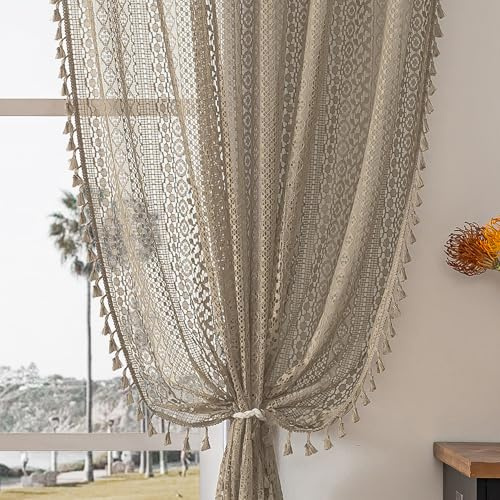 WAZZIO Boho-Baumwoll-Spitzen-Vorhänge, gehäkelt, für Schlafzimmer, Wohnzimmer, mit Stangentasche, lichtdurchlässige Vorhänge, 213 cm lang, Taupe, 2 Paneele