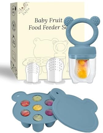 Silicone Baby Fruit Feeder Pacifier & Popsicle Molds, Multi-Purpose Food Storage Containers for Teething Relief & Infant Self-Feeding (Blue)