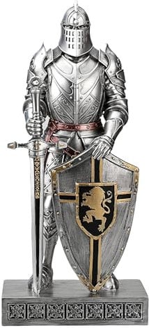 HDMbigmi King's Guard Knight with Shield Desktop Accessories Statue Medieval Knight Ornament Paperweight for Office and Home Top Collection as Gift 12.60 Inch (Silver)