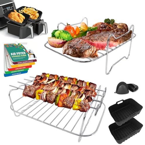 Air Fryer Accessories, 7 Pcs for Ninja Dual Air Fryer AF400UK AF451UK AF300UK & Tower T17088, Dual Silicone Air Fryer Liners & Gloves, Air Fryer Racks & Cheat Sheet Magnets Cooking Guide Booklet