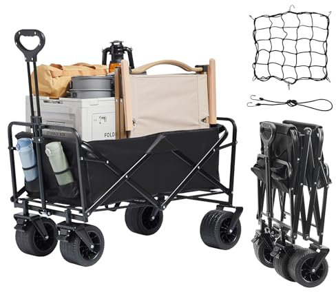 VEVOR Chariot Pliable, Chariot de Plage de 3 Pieds Cubes avec Roues Tout Terrain, Chariot Pliable Robuste, capacité de Poids de 350 LB Porte-Boissons, Chariot de Sport pour Camping, Shopping, Jardin