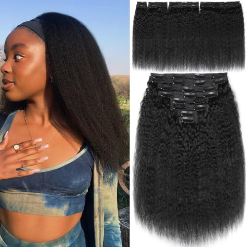 YDDM Kinky Straight Clip-In Extensions Echthaar 35,6cm 14 Zoll 120g 8pcs Remy Natürliche Haarverlängerung