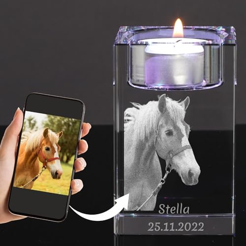 Personalisiertes 3D Glasfoto Pferd Teelicht mit individueller Gravur Einzigartiges Andenken für Frauen, Männer, Mama, Papa und Partner