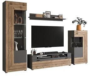 xonox.home - 4tlg. Kombination Freno 40x290x194 cm in grau Nb Absetzung Nox Oak Nb - Wohnkombination Wohnwand Wohnzimmermöbel Wohnzimmerschrank - modern und funktional