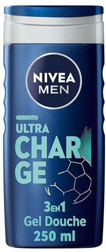 NIVEA MEN Gel Douche Ultra Charge 3-en-1 (1 x 250 ml), gel douche homme édition spéciale football, 3-en-1 cheveux, corps et visage, soin lavant corps pour homme au parfum marin vivifiant