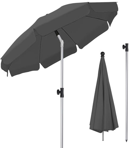 2m Beach Parasol, Portable Tilting Garden Umbrella, Outdoor Sun Shade with UV Protection, 8 Steel Ribs, Base Not Included, for Outdoor Beach/Garden/Pool/Patio, Grey