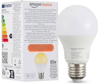 Amazon Basics smarte A60 LED-Glühbirne, dimmbar, E27, sanftes Weiß, 2,4 GHz WLAN, 8.5 W, funktioniert nur mit Alexa, 1 Stück