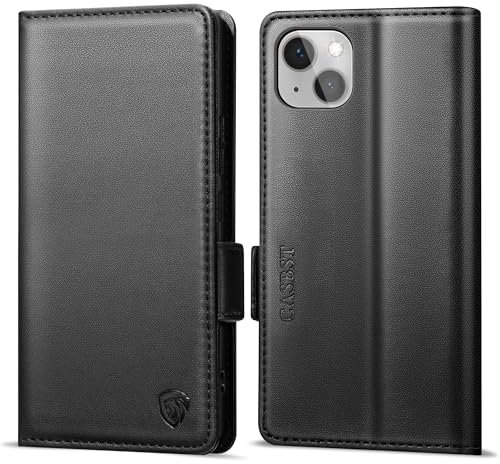 CASBST Handyhülle für iPhone 15 Hülle Premium Leder Schutzhülle Klappbar mit Kartenfach Ständer Magnet für iPhone 15 Handytasche mit RFID Kameraschutz Flip Case Klapphülle für iPhone 15 Schwarz
