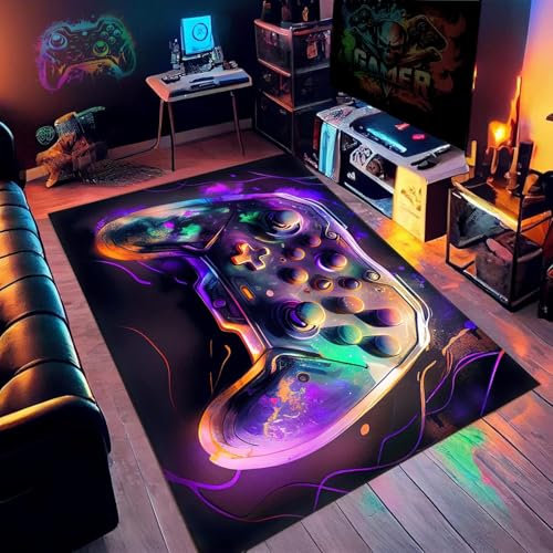 PEIHUODAN 3D Gamer Rug for Boys Bedroom, Gaming Room Stuff Decorative Accessories, Anime Gaming Wallpaper Printing Living Room Soft Carpet, Anti-slip Rugs Teenager Black (Purple,50x80cm)