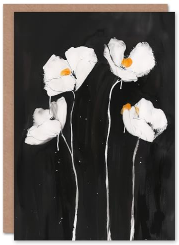 Artery8 Greeting Card White Poppy Flowers on Black Bold Floral Painting For Her Woman Sympathy Card