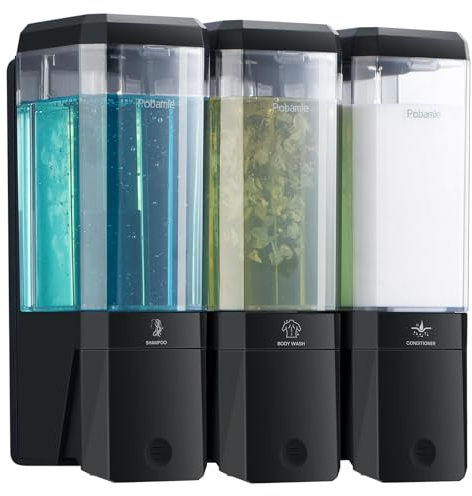 Shampoo and Conditioner Dispenser Wall Mounted, Shower Soap Dispenser No Drill Upadate Easy Slot Install, Shampoo Dispenser for Shower Bathroom Large Capacity 500ml * 3 Chamber Holder Black