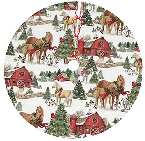 Weihnachtskranz, Pferd, Schneemuster, große Weihnachtsbaummatte, traditioneller Weihnachtsbaum-Rock, Teppich für Weihnachten, Urlaub, Party, Ornament, rustikale Bauernhaus-Dekorationen (121,9 cm)