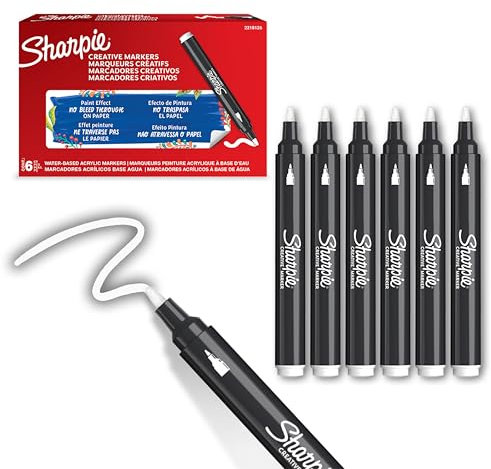 Sharpie Creative Marker Acrylic Paint Pens | Bullet Tip Water-Based Paint Markers | White | No-Bleed Ink Writes on Most Surfaces | School & Revision Supplies | 6 Count