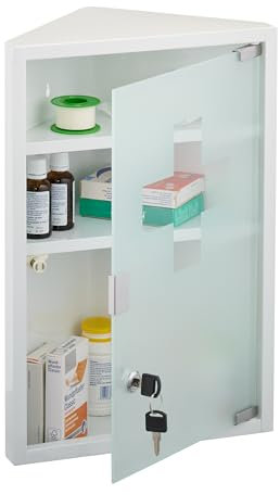 Relaxdays Medizinschrank, 3 Fächer, HxBxT: 45 x 30 x 17,5 cm, abschließbar, Stahl, Glastür, Eck Apothekenschrank, weiß