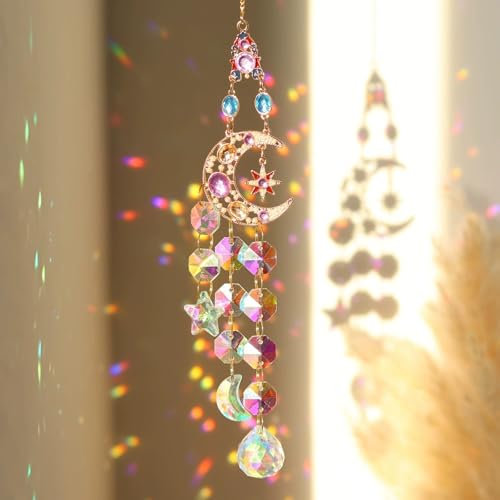 GOZINA Sonnenfänger, Sonnenfänger Kristall, Suncatcher Windspiele, Rainbow Sonnenfänger Fenster Kristalle, Feuermondkristall Fenster deko, Geeignet für Familie und Outdoor (1, Mond)