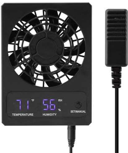Reptile Ventilation Fan, Auto Temperature/Thermometer Control LED Digital Humidity Gauge, °C/°F Switchable Dehumidifier for Reptile Tank, Rainforest, Ecological Pet Rearing Box (Automatic Humidity)