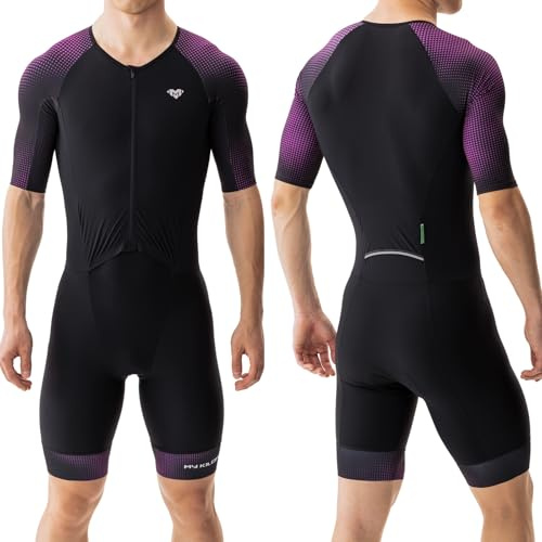 MY KILOMETRE Herren Triathlon Anzug – Einteiler Kurzarm Trisuit Schnelltrocknend Atmungsaktiv mit Rückentasche für Rennen und Training （Lila XL）