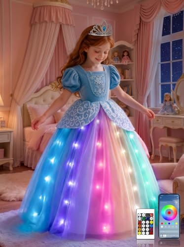 Princess Costumes for 3-9 Ages Girls, Light Up Princess Dress for Gifts | Perfect for Birthday cosplay Christmas Halloween, Soft Breathable Fabric, Music Sync, Handle ＆ App Control, CPC Certified