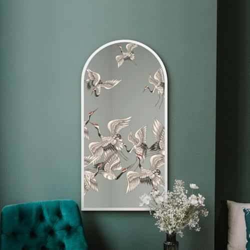 MirrorOutlet The Typis - White Metal Frame Edged Modern Round Arch Edge Wall Mirror With Colour Stork Printed Decal 47 x 24 (120CM X 60CM) Silver Mirror Glass with White Frame