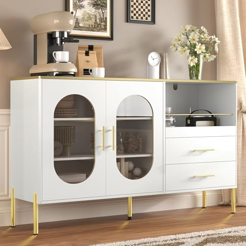 Jaxenor Sideboard Wohnzimmer mit 2 Schubladen und 2 Glastüren, Buffetschrank für Wohnzimmer, Esszimmer & Flur, Modern Wohnzimmerschrank mit Goldakzenten, Küchenunterschränke, Weiß