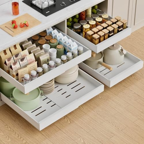 HASA zone 2 Stück Ausziehbare Schublade Küche mit Nano-Klebefolie, 42CM Tiefe Teleskopschublade,Schrank Organizer Ausziehbar, Einstellbare Breite 32-48cm (Weiß)