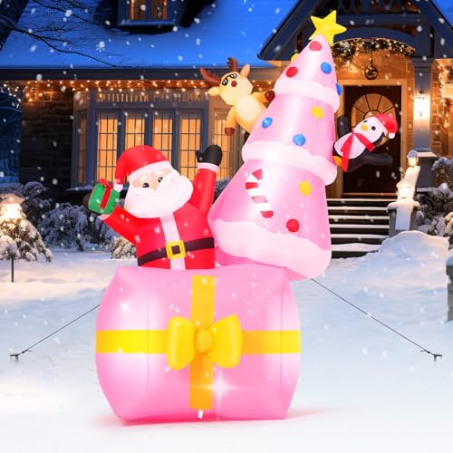 Árbol de Navidad inflable rosa de 8 pies, decoración de Navidad al aire libre con Papá Noel, caja de regalo y luces LED integradas para jardín, césped, patio (árbol de Navidad rosa)