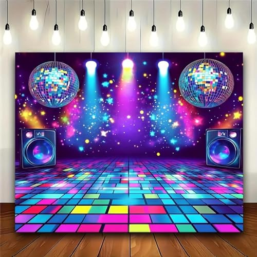 1 retro 80s and 90s themed party banner - vibrant disco dance scene with colorful lighting speakers checkered floor design