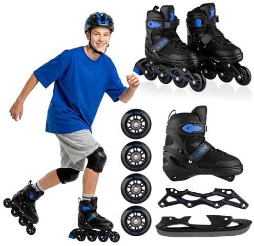 Xride 4in1 Rollschuhe Inliner für Kinder, Verstellbare Inline Skates mit Schlittschuhen, Schwarz Blau, ABEC-7 Kugellager, PU Rollen, Größenverstellbar, 35-38