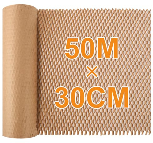Dntorx Honeycomb Packaging Paper Bubble Wrap Paper 50M x 30CM - Kraft | Plastic-Free Kraft Paper, Expandable Honeycomb Cushioning, Tear By Hand, Reusable Wrap For Moving, Shipping and Gifts