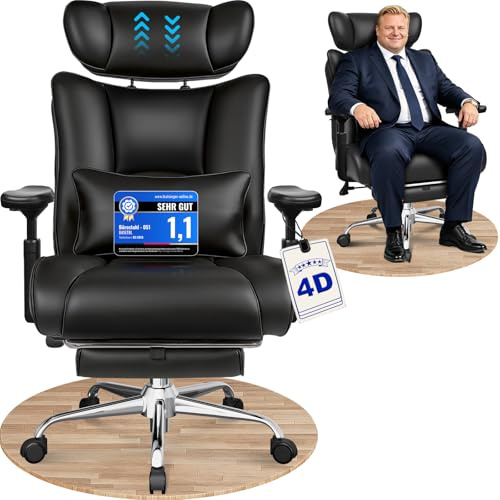 BASETBL Bürostuhl Chefsessel 200 kg aus PU-Leder mit 4D-Armlehnen | XXL-Sitz mit verstellbarer Lenden- und Kopfstütze sowie leisen Rollen für maximalen Komfort