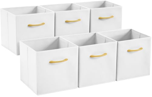 Collapsible Fabric Storage Cubes, Pack of 6 Foldable Boxes with Handles | White 33 x 38 x 33 cm | Non-Woven Fabric | Open-Top Cube Shelf Baskets For Wardrobes, Toys, Clothes & Nursery