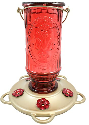 More Birds Red Vintage Hummingbird Feeder, Antique Glass Hummingbird Feeders for Outdoors, 5 Feeding Stations, 20 Ounces