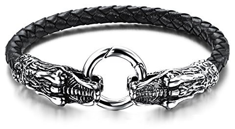 JewelryWe Schmuck Herren Männer Armband, Leder Edelstahl, Herrschsüchtige Drachen Ring Geflochten Armreif, Schwarz Silber