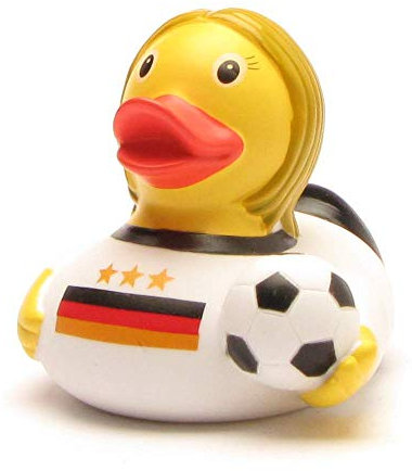 Badeente Fußballerin I Quietscheente I L: 9 cm I inkl. Badeenten-Schlüsselanhänger im Set